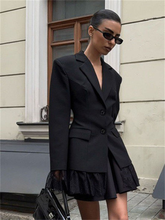 Women's%20New%20Fashion%20Black%20Fitted%20Blazer%20Solid%20Color%20Jacket%20with%20Lace%20Details%20Commuter%20Long%20Sleeve%20Top%20-%20Image%205