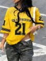 2026 Summer New Retro Enjoy Freedom No.21 Print T-Shirt For Women V-Neck Short Sleeve Sports Football Jersey Y2K Oversized Tops.
