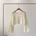 Fishnet Crochet Top Long Sleeve Crop Pullover Women Summer Cover Up Open-knit Blouse Y2K Grunge Outfit. 