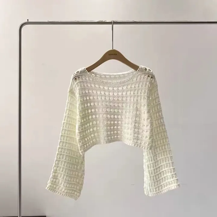 Fishnet%20Crochet%20Top%20Long%20Sleeve%20Crop%20Pullover%20Women%20Summer%20Cover%20Up%20Open-knit%20Blouse%20Y2K%20Grunge%20Outfit%20-%20Image%203