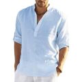 Men's casual loose shirt men's fashion stand collar pure cotton long-sleeved pure color shirt large men's wear. 