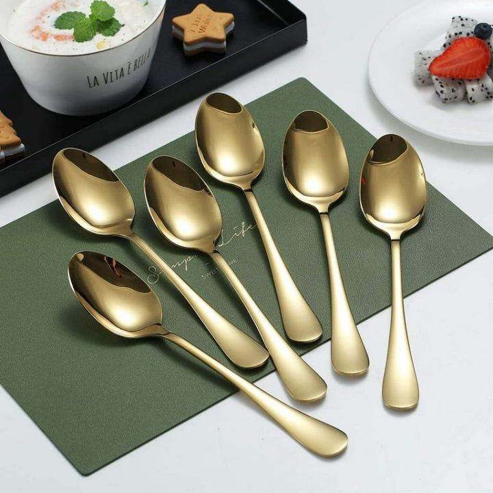 Set of 6 - Gold Dinner Spoon  Stainless Steel  Mirror Polished Stainless Steel Spoons, Gold Soup Spoons Silverware, Golden Soup Spoon Table Spoon Set Sturdy Easy To Clean, Dishwasher Safe