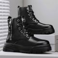 Men's high cut thick soled motorcycle work boots in autumn and winter, black leather shoes, men's mid cut trendy shoes. 