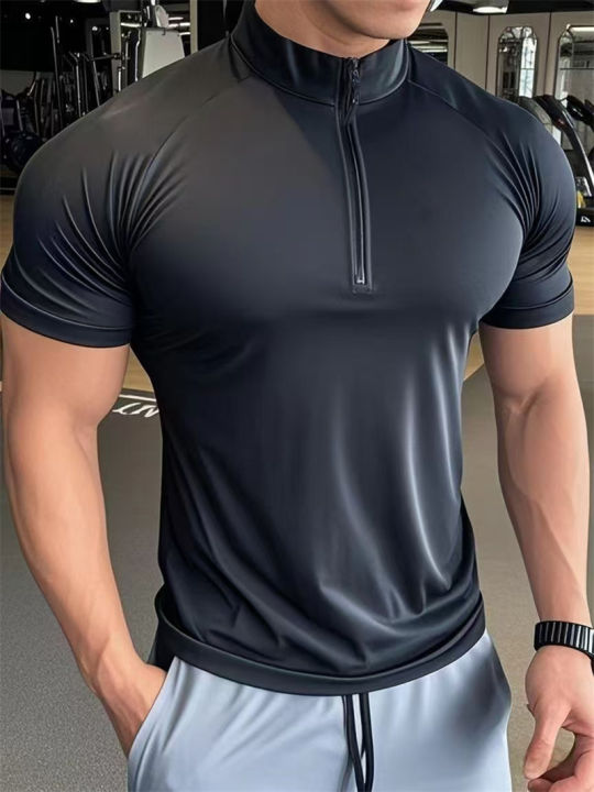 NEW Men's sports T-shirt Quick Dry Compression Running t Shirt Men Fitness short sleeve Shirt Zippered round neck Tights Tops