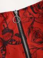 European and American Trend Oversized Ladies Slimming Shoulder Strap Zipper Full Print Skull Pattern Dress. 