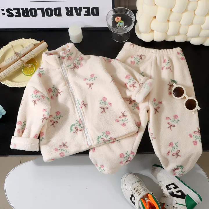 Children's%20autumn%20and%20winter%20flange%20pajamas%20suits%20Korean%20version%20boys%20plus%20velvet%20thick%20home%20service%20girl%20warm%20underwear%20suit%20-%20Image%203