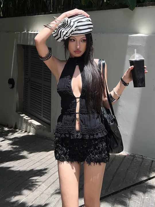Nibber%20Chic%20Sweet%202Piece%20Set%20Women%20Backless%20Edible%20Tree%20Fungus%20Lace-Up%20Ruched%20Hollow%20Thin%20Tank%20Top+Furry%20Sequins%20Shorts%20Clubwear%20-%20Image%206