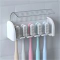 A covered 5-slot toothbrush holder, self-adhesive wall toothbrush storage rack, plastic bathroom supplies.