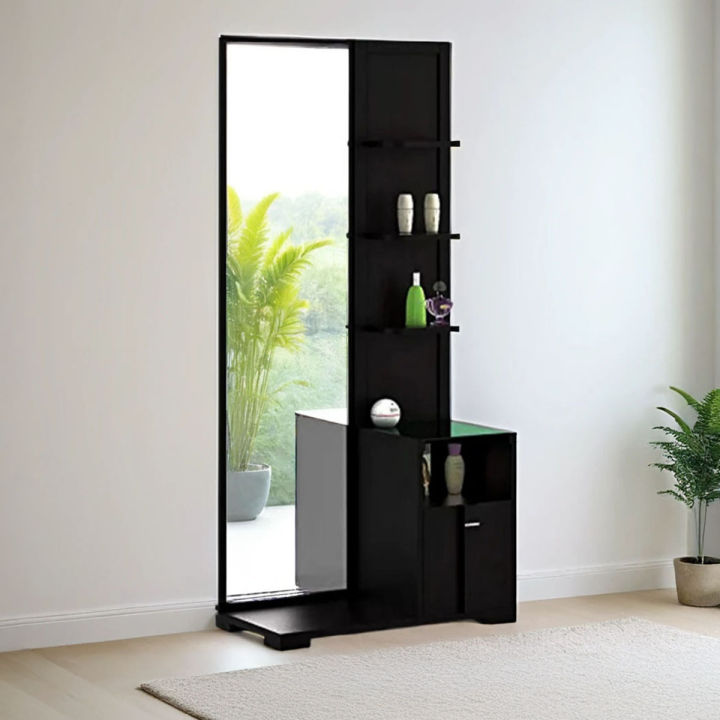 Furnisha Full Mirror View Black Dressing Table with Cosmetic Shelf and locker Drawer Storage Cabinet