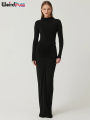 Weird Puss Hipster Ruched Dress Women O-Neck Full Sleeve Skinny Stretch Robe Autumn Trend Simple Classic Pleats Long Bodycon.