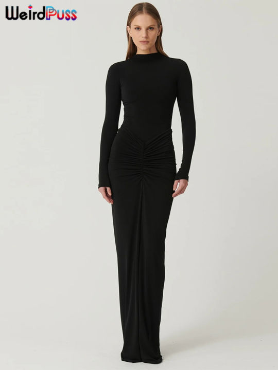 Weird%20Puss%20Hipster%20Ruched%20Dress%20Women%20O-Neck%20Full%20Sleeve%20Skinny%20Stretch%20Robe%20Autumn%20Trend%20Simple%20Classic%20Pleats%20Long%20Bodycon%20-%20Image%203
