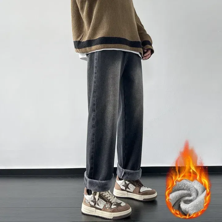 4%20Colors%20Winter%20Fleece%20Men's%20Jeans%20Baggy%20Straight%20Elastic%20Waist%20Denim%20Pants%20Fashion%20Korean%20Thickened%20Warm%20Male%20Thermal%20Trousers%20-%20Image%204