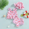 Kids Girls Bow 3pcs Bikini Sets Cute Plaid Print Sleeveless Tank Top with Briefs Swimwear Ruffle Trim Swimsuit Summer Beachwear. 