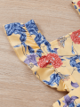 Summer girls conservative commute less sook flower print lace camisole yellow square collar pleated elastic romper. 