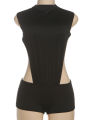 Weird Puss  Women Romper Sleeveless Hollow Patchwork Summer o-Neck Hipster Solid Skinny Stretch Clubwear Ruched Playsuit. 