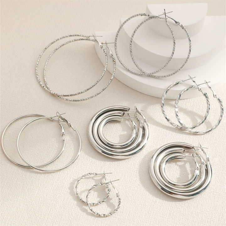 8Pairs%20Simple%20Punk%20Hoop%20Earrings%20Set%20Big%20Circle%20Earrings%20Jewelry%20for%20Women%20Girls%20Ear%20Hoops%20Earring%20Round%20Oversized%20-%20Image%205