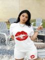 Women's 2-Piece Pajama Set Summer Short Sleeve T-Shirt & Shorts Red Lip Print Soft Cotton Loungewear Sleepwear S-XXL.
