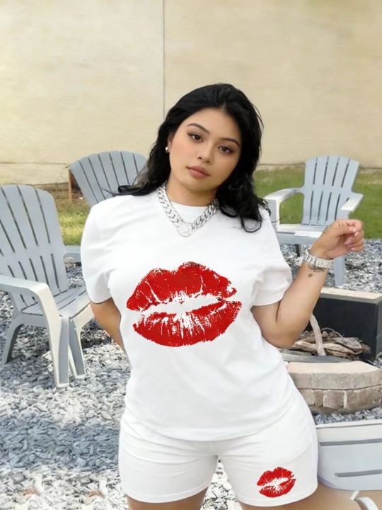 Women's%202-Piece%20Pajama%20Set%20Summer%20Short%20Sleeve%20T-Shirt%20&%20Shorts%20Red%20Lip%20Print%20Soft%20Cotton%20Loungewear%20Sleepwear%20S-XXL%20-%20Image%203