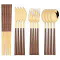 4/12/16Pcs Mirror Gold Cutlery Set Chopsticks Knife Fork Spoon Set Imitation Wooden Handle Korean Dinnerware Luxury Tableware. 