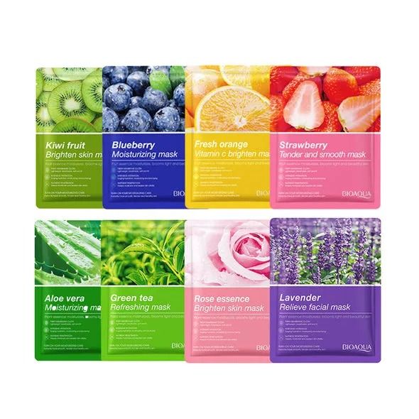 BIOAQUA Randum Pack of 5 Fruit Plant Extract Blueberry, Green tea, Freshen Orange, Strawberry, Kiwi fruit Moisturizing Brighten Facial Sheet Mask