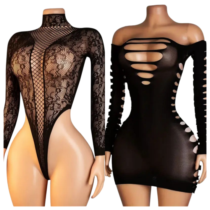 Long Sleeves Lingerie Dress Hollow Mesh Hip Skirt Short Hot Clothes Women