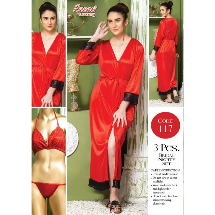 3%20Piece%20Silk%20Long%20Bridal%20Nighty%20Set%20Best%20Honeymoon%20Gown%20With%20Bra%20And%20Pant%20-%20Image%202