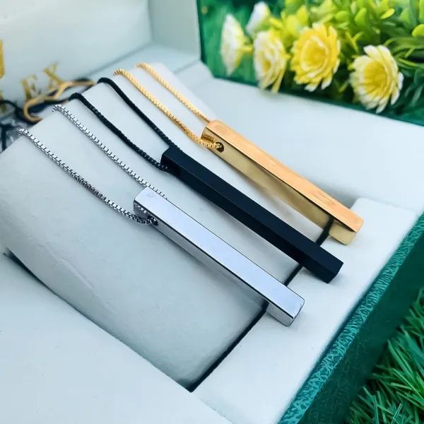 Fashion frill Men's & Girl's Jewellery 3D Cuboid vertical Bar/Stick Stainless steel Black Silver Golden Locket pendants Necklace