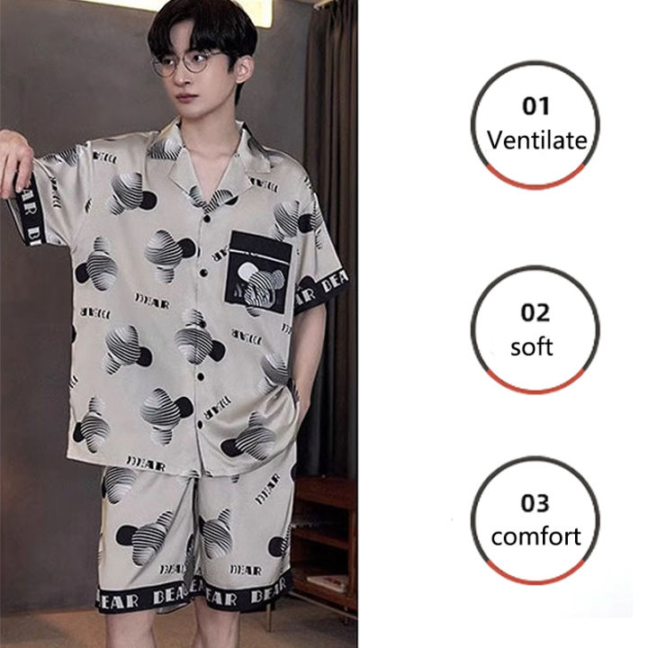 Large%20Size%20Men%20Pajamas%20Set%20Ice%20Silk%20Cartoon%20Bear%20Short-Sleeved%20Student%20Two-Piece%20Cardigan%20Lapel%20Smiley%20Letters%203xl%20Code%20Pajamas%20-%20Image%203