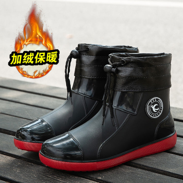 Rain boots mens non-slip rain boots large size velvet warm rubber shoes short outdoor fishing waterproof shoes for men and women