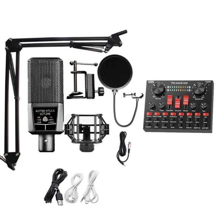 V8s Professional Sound Card with AUTNE HTLCA LCT 240 Studio Condenser Microphone for Karaoke, Live Podcasts, and Recording