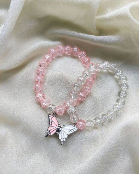 Beautiful pink and white butterfly charm bracelet Glass beads friendship bracelet for couples, best friends, girls