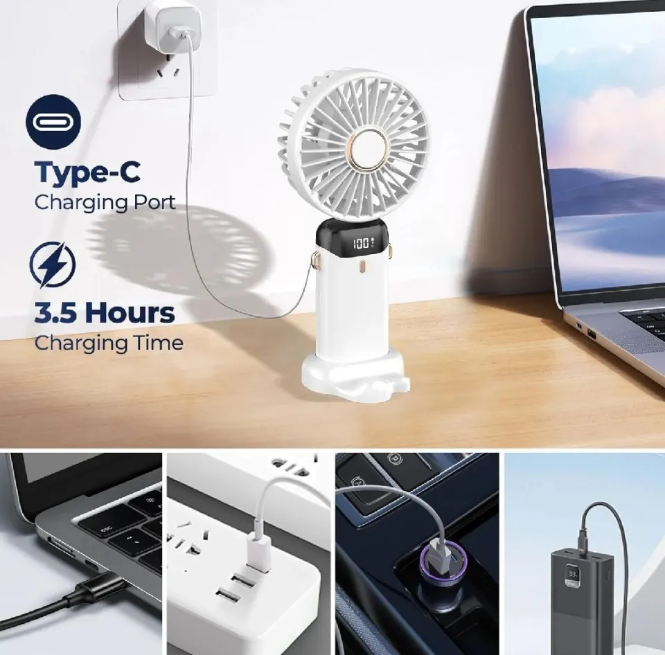 Portable Handheld Mini Fan: 3000mAh Rechargeable, 5 Speed, Digital Display & Foldable Neck Design
