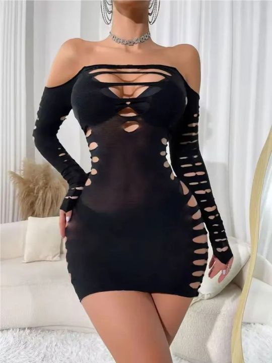Long%20Sleeves%20%20Lingerie%20Dress%20Hollow%20Mesh%20Hip%20Skirt%20Short%20Hot%20%20Clothes%20Women%20-%20Image%204