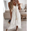 Summer New Lace Sling Big Swing Solid Color Long Skirt Dress Spring V-neck Sleeveless Beach Dresses Casual Chain Link Dress. 