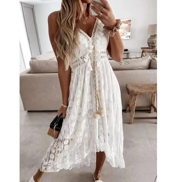 Summer%20New%20Lace%20Sling%20Big%20Swing%20Solid%20Color%20Long%20Skirt%20Dress%20Spring%20V-neck%20Sleeveless%20Beach%20Dresses%20Casual%20Chain%20Link%20Dress%20-%20Image%203
