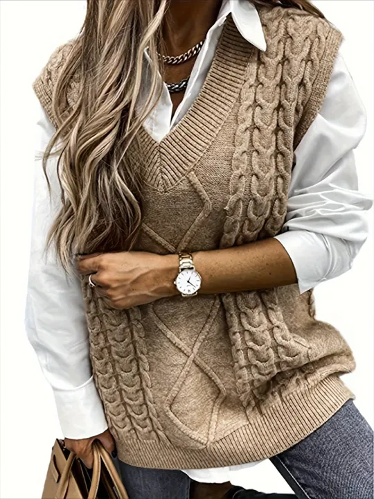 Women's%20plus%20Size%20Preppy%20V-Neck%20Sweater%20Vest%20Solid%20Argyle%20Knit%20with%20Slight%20Stretch%20Comfortable%20Casual%20Wear%20-%20Image%202