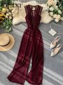 Spring New Jumpsuit Women Hollow Backless Sleeveless Lace Spell Receiving Waist Wide Leg Pants Overalls for Women Bodysuit. 