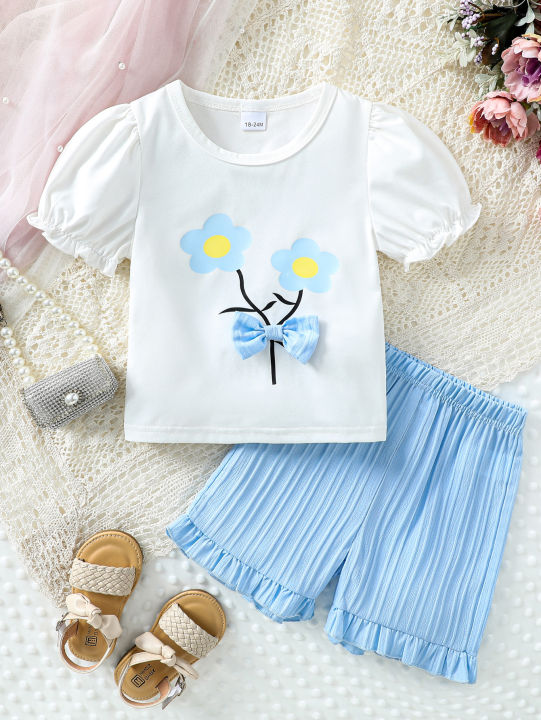 Children%E2%80%99s%202025%20New%20Summer%20Printed%20Bowknot%20Short-sleeve%20T-shirt%20with%20Solid-color%20Shorts%20Fashionable%20and%20Versatile%20Two-piece%20Set%20-%20Image%202