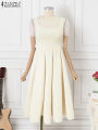ZANZEA Women Sleeveless Tank Dress Vintage Solid A-line Dresses 2024 Summer Holiday Waisted Robe Casual Square Collar Midi Robe. 