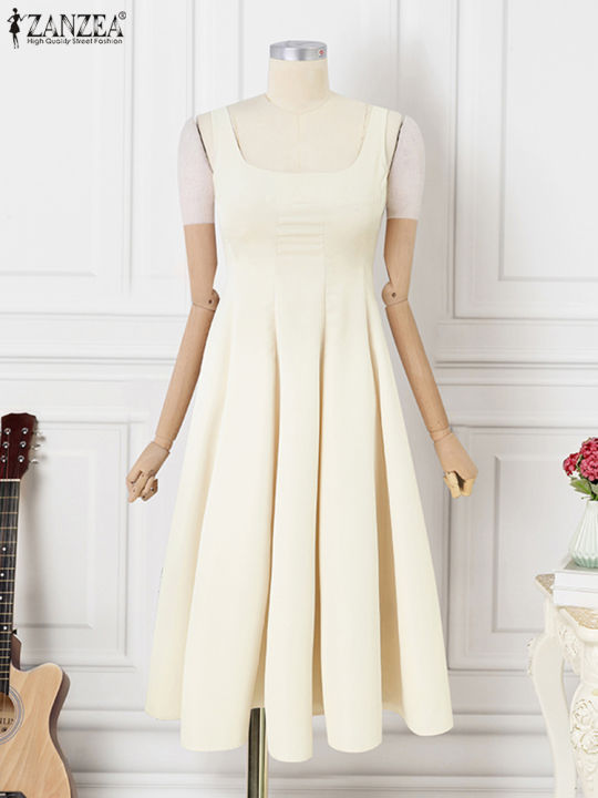 ZANZEA%20Women%20Sleeveless%20Tank%20Dress%20Vintage%20Solid%20A-line%20Dresses%202024%20Summer%20Holiday%20Waisted%20Robe%20Casual%20Square%20Collar%20Midi%20Robe%20-%20Image%205