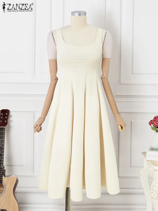 ZANZEA%20Women%20Sleeveless%20Tank%20Dress%20Vintage%20Solid%20A-line%20Dresses%202024%20Summer%20Holiday%20Waisted%20Robe%20Casual%20Square%20Collar%20Midi%20Robe%20-%20Image%205