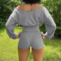 SUCHCUTE Woman 2 Piece Set  Slash Neck Long Sleeve Crop Tops + Shorts Tracksuits Casual Solid Two Piece Outfits Spring 2pcs. 