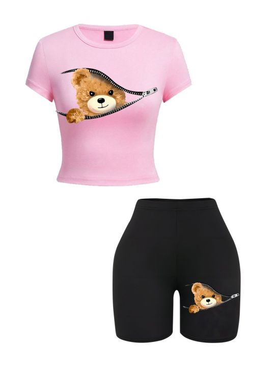 2%20Pieces%20Set%20Women%20Slim%20Crop%20T-Shirts%20Shorts%20A%20Teddy%20Bear%20Emerged%20From%20The%20Zipper%20Prints%20Tops%20Sporty%20High%20Elastic%20Soft%20Clothes%20-%20Image%203