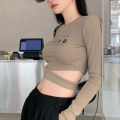 The destination of the new autumn women's o-neck long-sleeved Korean-style sexy crop top. 