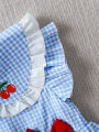Summer Baby Girls 2Pcs Set 9-12M Blue Gingham Cherry Embroidered Ruffle Top & Bloomers  Infant Casual Daily Wear. 