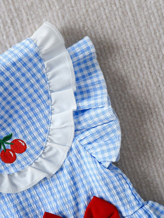 Summer%20Baby%20Girls%202Pcs%20Set%209-12M%20Blue%20Gingham%20Cherry%20Embroidered%20Ruffle%20Top%20&%20Bloomers%20%20Infant%20Casual%20Daily%20Wear%20-%20Image%204