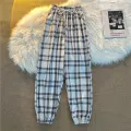 Pants Women New Bunch of feet Fashion Loose Black Plaid Summer Harajuku Students Streetwear Harem Long Trousers Womens Chic. 