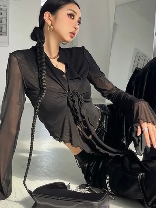 Long%20Flare%20Sleeve%20Blouses%20for%20Women%20Lace-up%20Mesh%20%20Sweet%20Hot%20Girls%20Korean%20Fashion%20Style%20All-match%20Solid%20Design%20Elegant%20Casual%20-%20Image%204