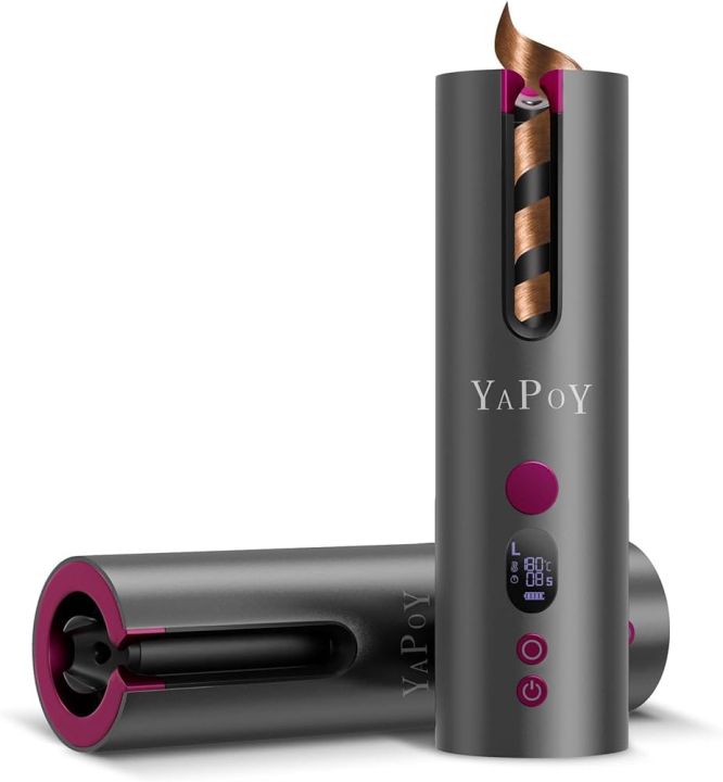 Cordless Automatic Curling Iron Rechargeable Auto Curlers with 5 Temps & Timers, Heat Insulation Chamber, LCD Screen, Auto Shut-Off, Suitable for Short & Long Hair Styling - Grey&Magenta