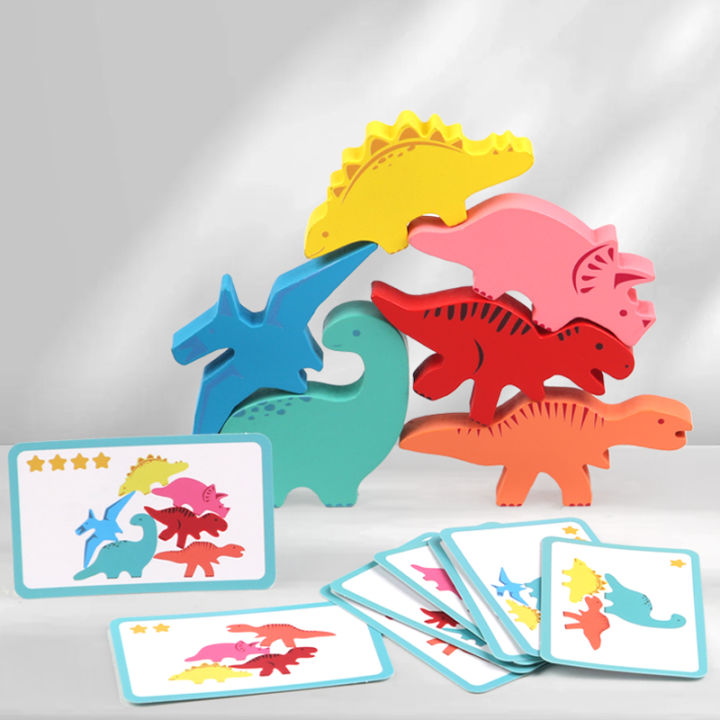 Wooden Dinosaur Stacking High Toy Color Animal Stacking Block Balance ...